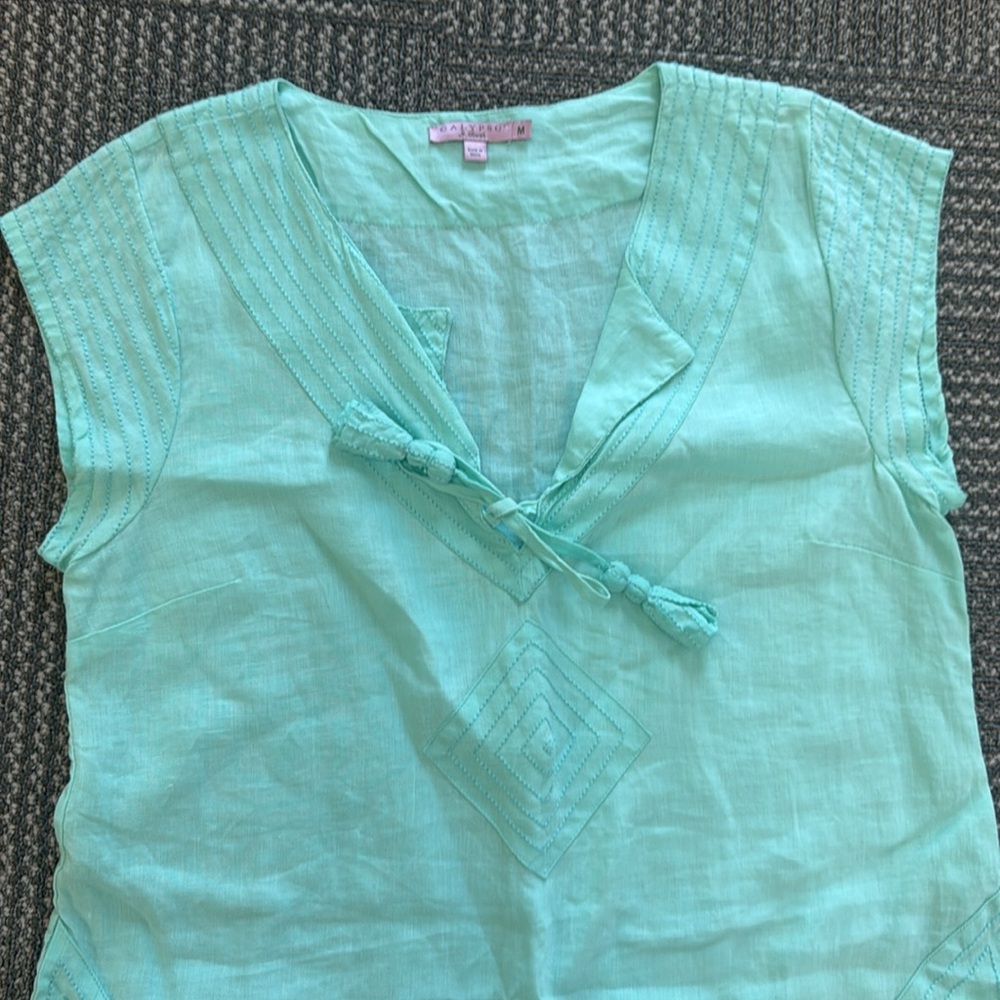 Calypso St. Barth 100% Linen Mint Green Tunic Mini Dress Coverup, size M - Picture 3 of 7